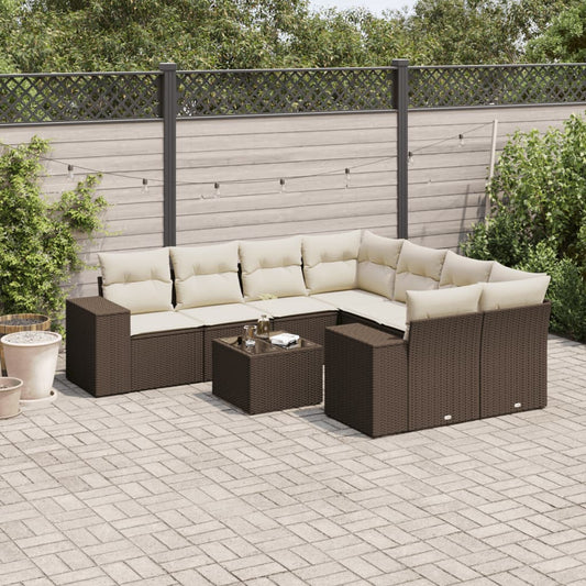 9-delige Loungeset met kussens poly rattan bruin