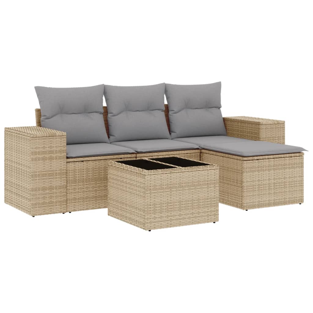 5-delige Loungeset met kussens poly rattan beige