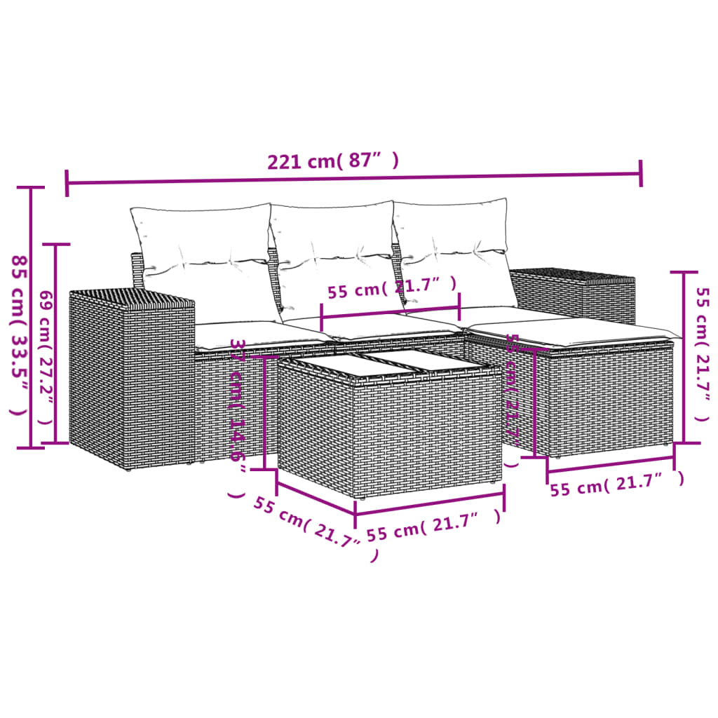 5-delige Loungeset met kussens poly rattan beige