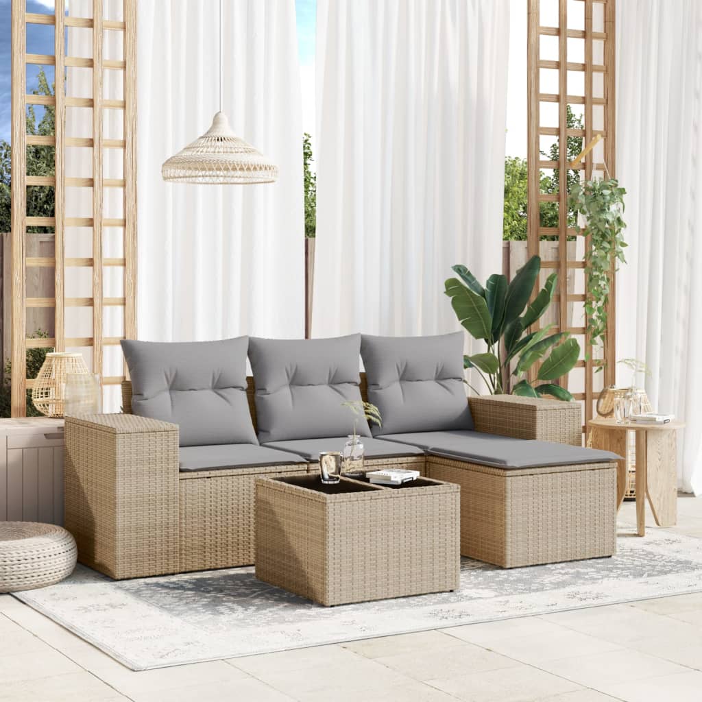 5-delige Loungeset met kussens poly rattan beige