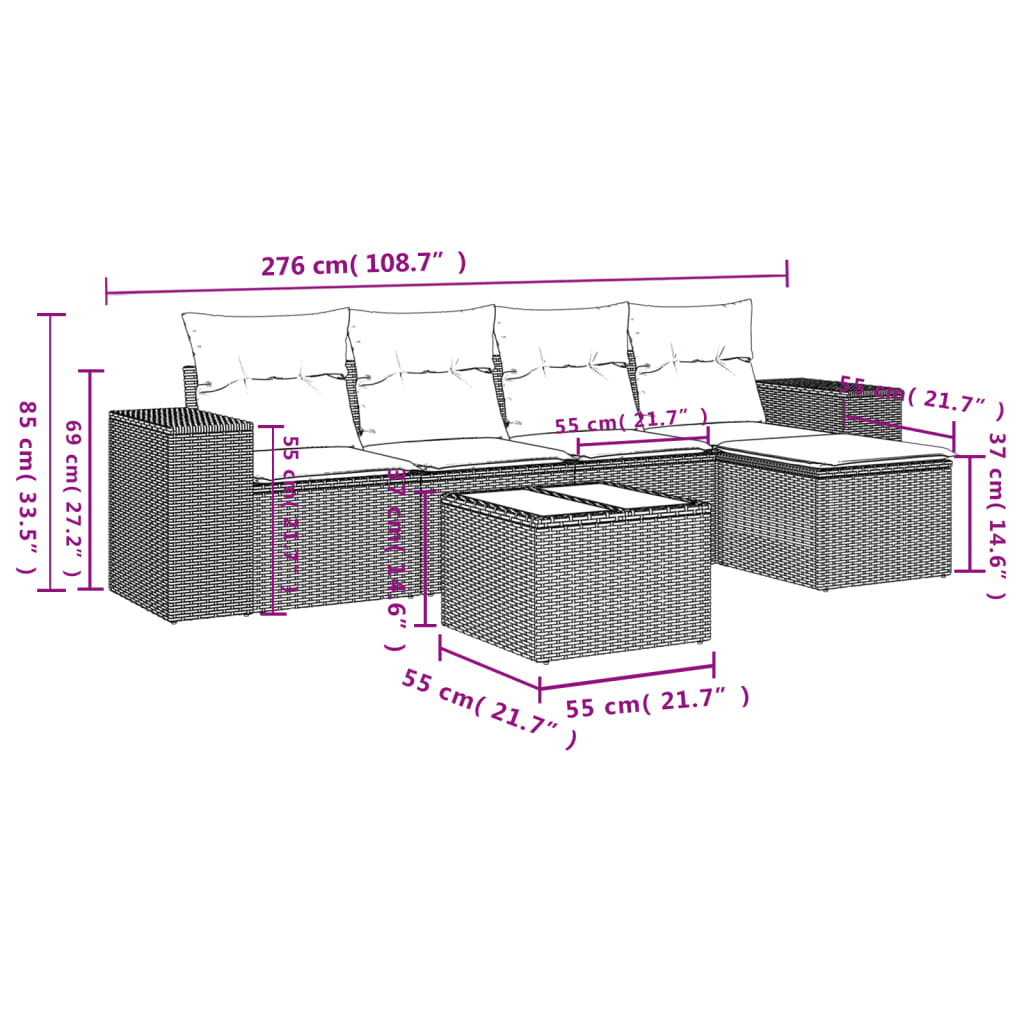 6-delige Loungeset met kussens poly rattan lichtgrijs Tuinsets | Creëer jouw Trendy Thuis | Gratis bezorgd & Retour | Trendy.nl