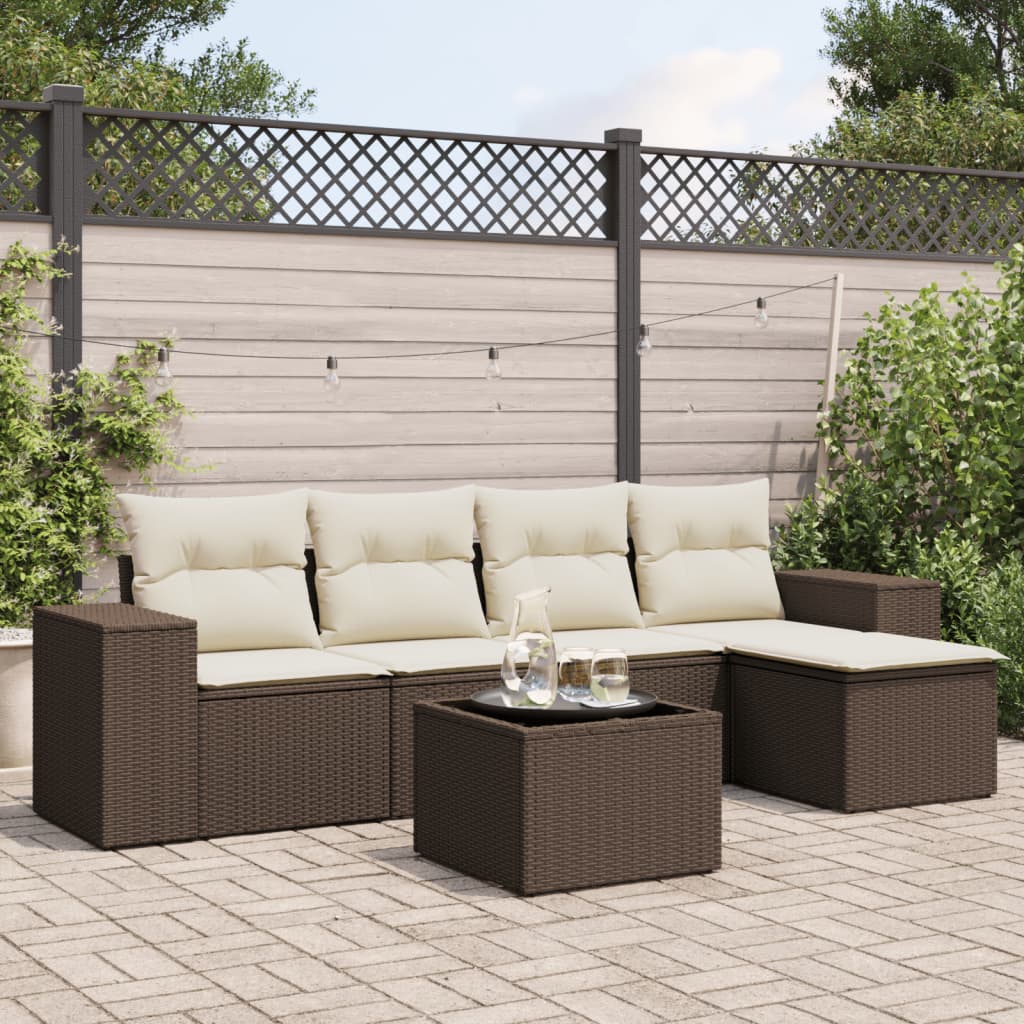 6-delige Loungeset met kussens poly rattan bruin