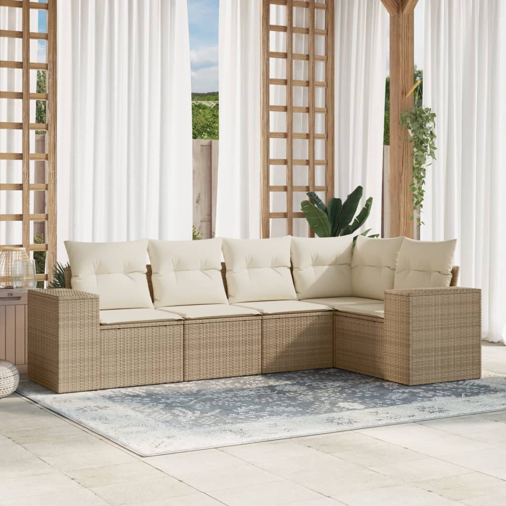 5-delige Loungeset met kussens poly rattan beige Tuinsets | Creëer jouw Trendy Thuis | Gratis bezorgd & Retour | Trendy.nl