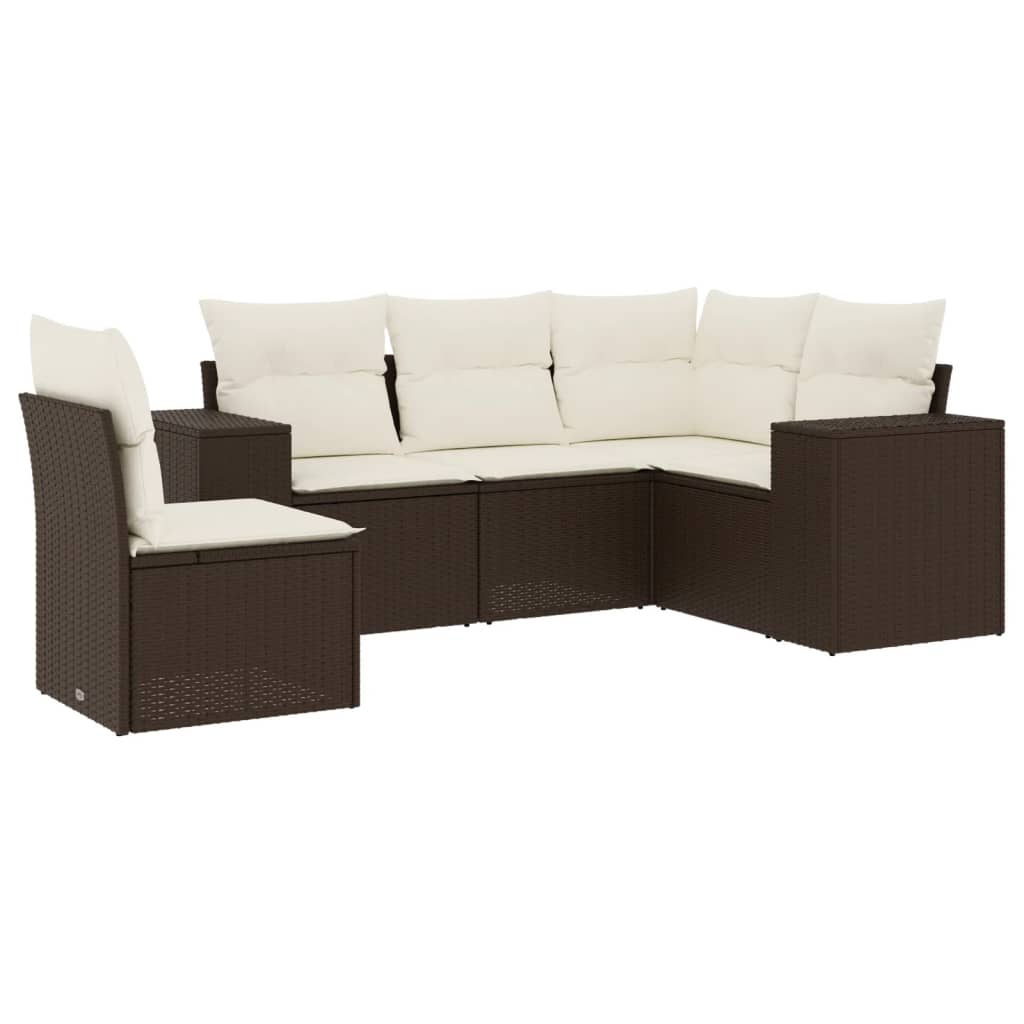 5-delige Loungeset met kussens poly rattan bruin