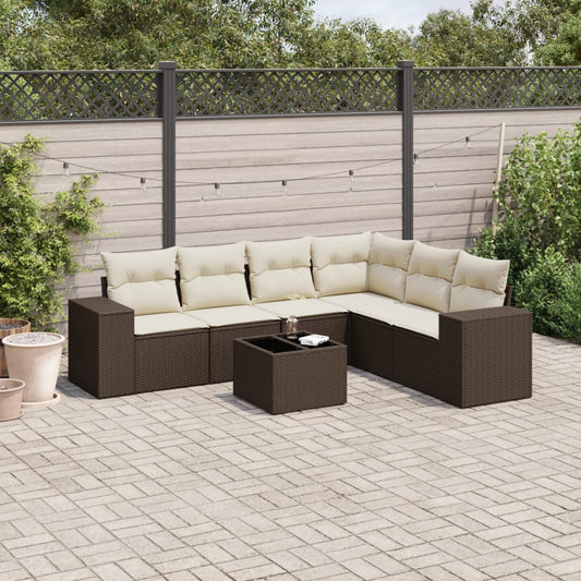 7-delige Loungeset met kussens poly rattan bruin