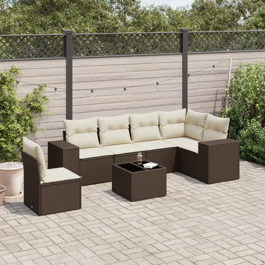 7-delige Loungeset met kussens poly rattan bruin