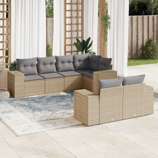 7-delige Loungeset met kussens poly rattan beige