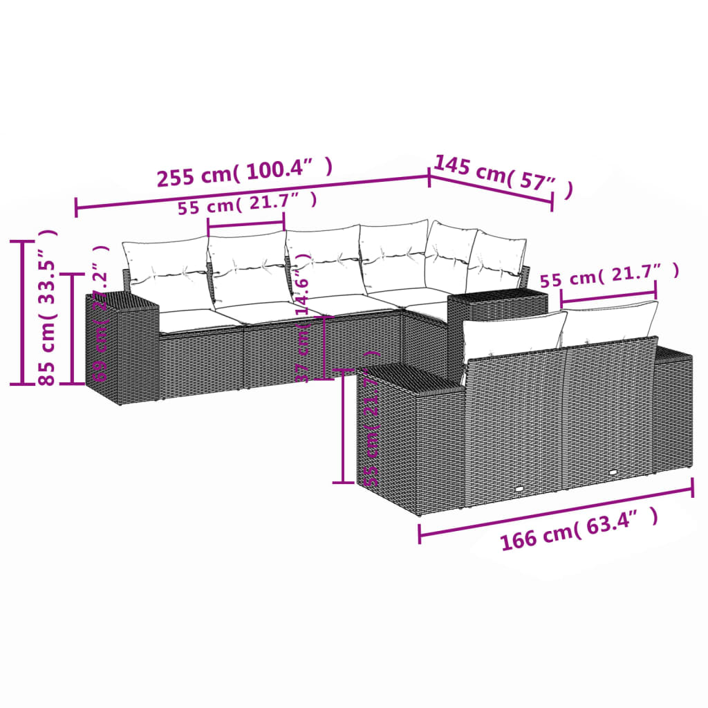 7-delige Loungeset met kussens poly rattan bruin