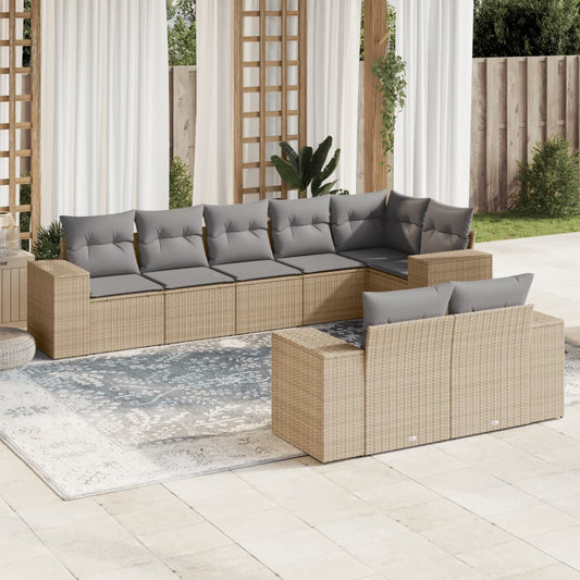 8-delige Loungeset met kussens poly rattan beige