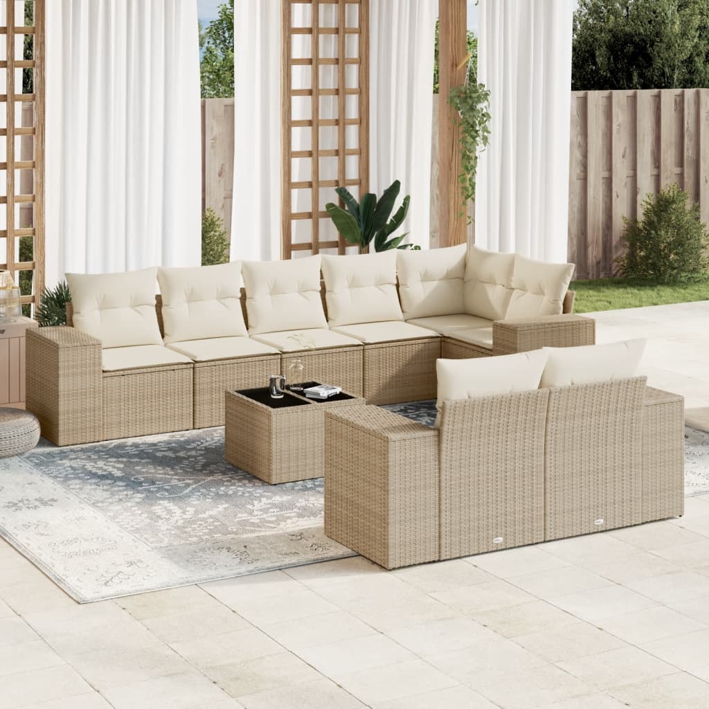 9-delige Loungeset met kussens poly rattan beige