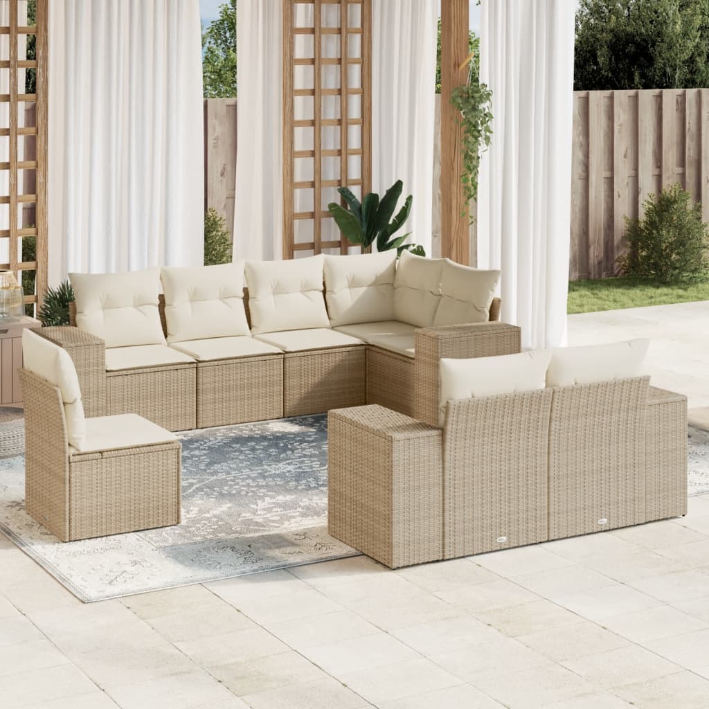 8-delige Loungeset met kussens poly rattan beige