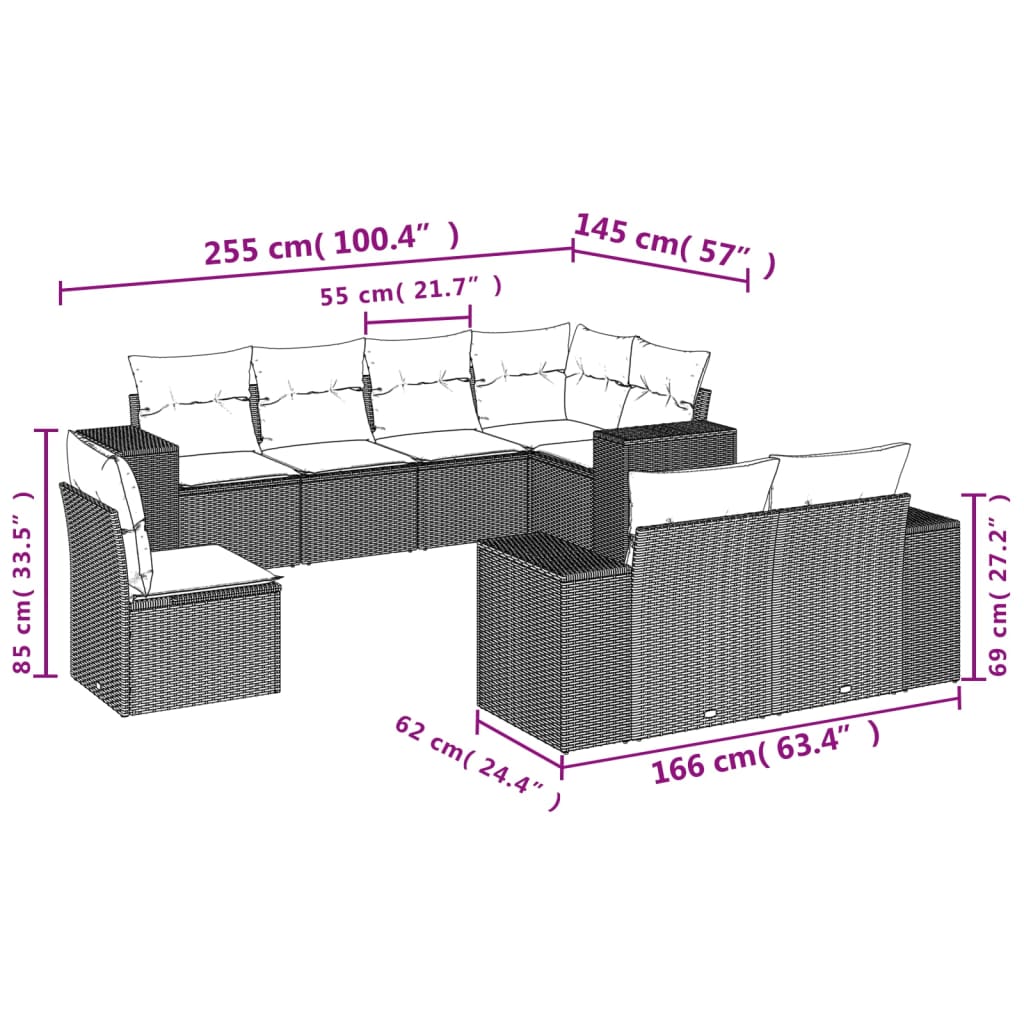 8-delige Loungeset met kussens poly rattan bruin