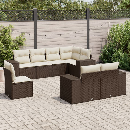 8-delige Loungeset met kussens poly rattan bruin