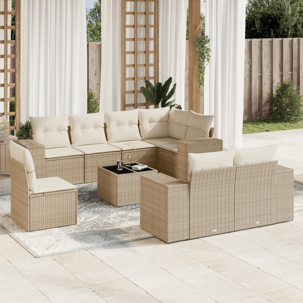 9-delige Loungeset met kussens poly rattan beige