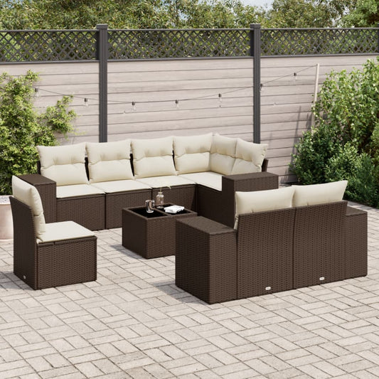 9-delige Loungeset met kussens poly rattan bruin