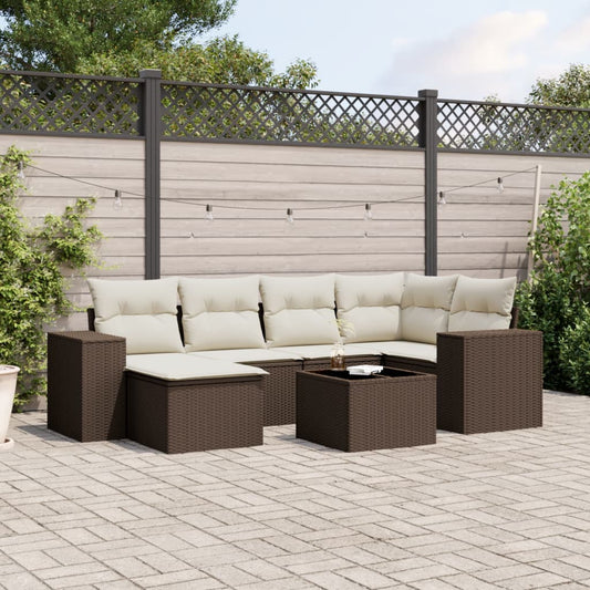 7-delige Loungeset met kussens poly rattan bruin