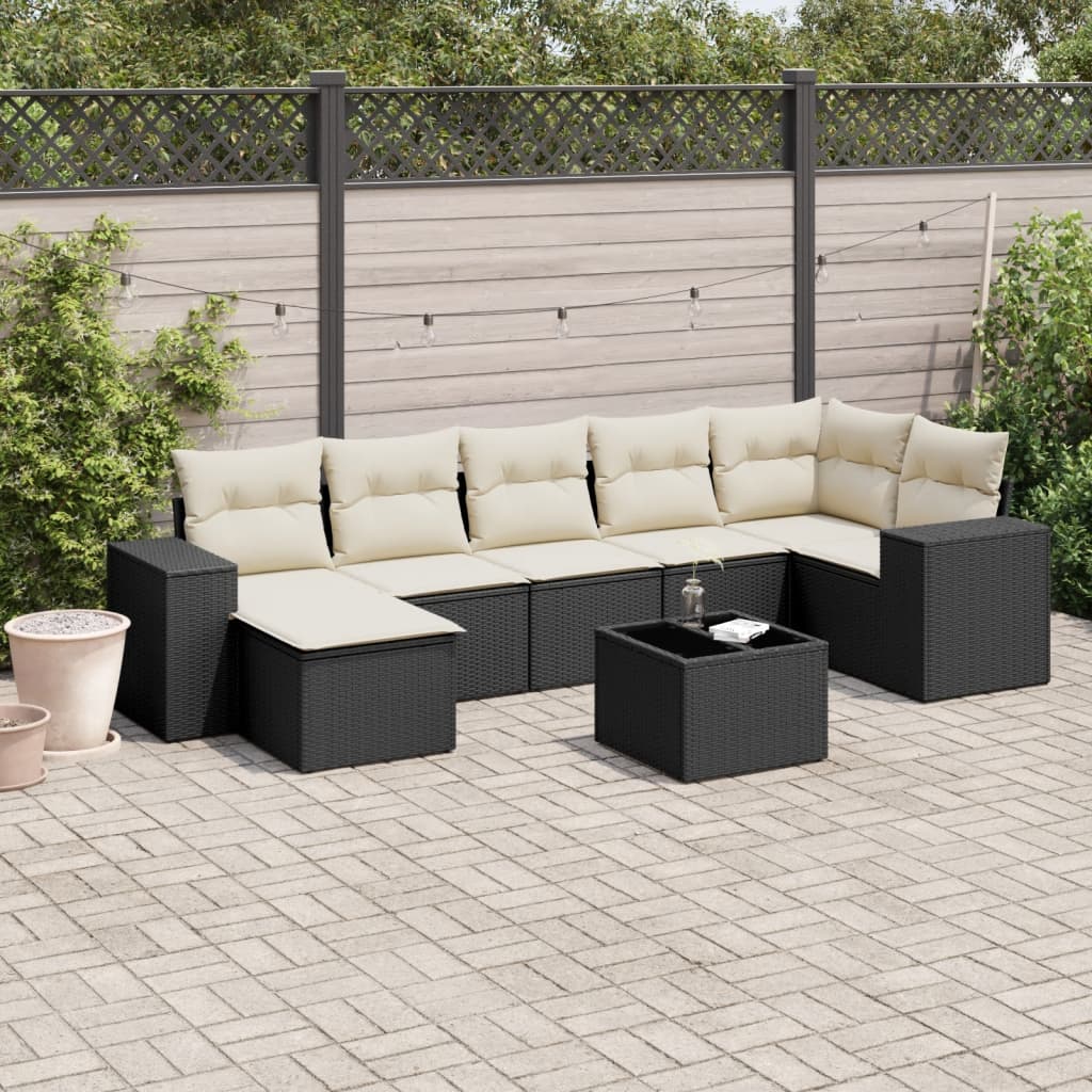 8-delige Loungeset met kussens poly rattan zwart