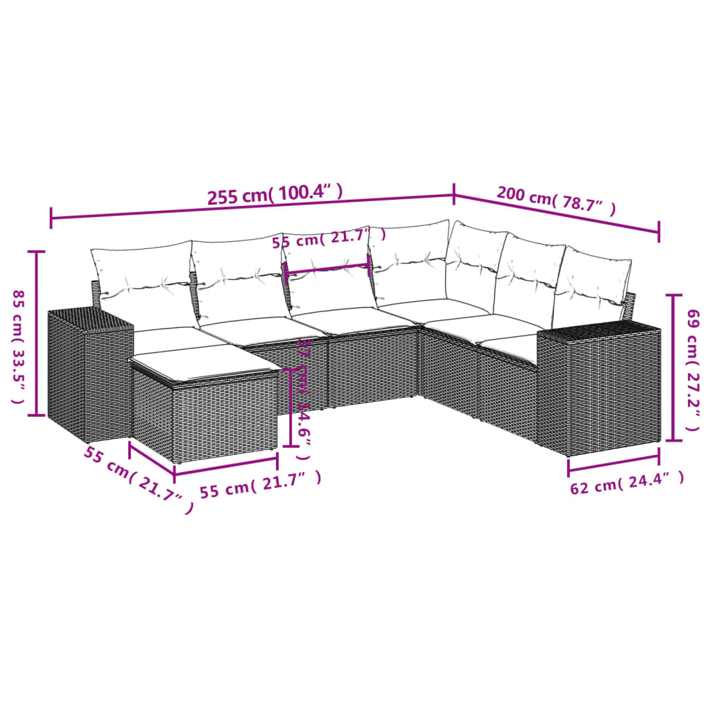 7-delige Loungeset met kussens poly rattan bruin