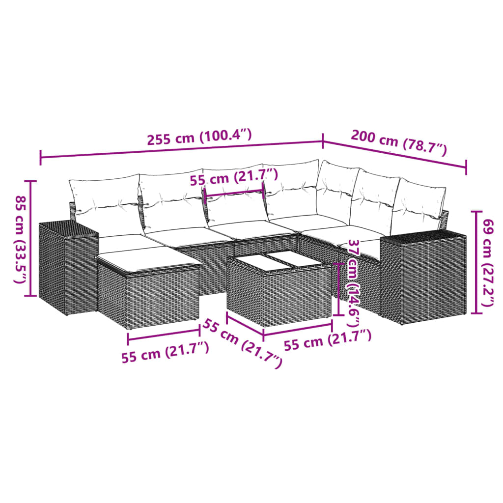 8-delige Loungeset met kussens poly rattan zwart