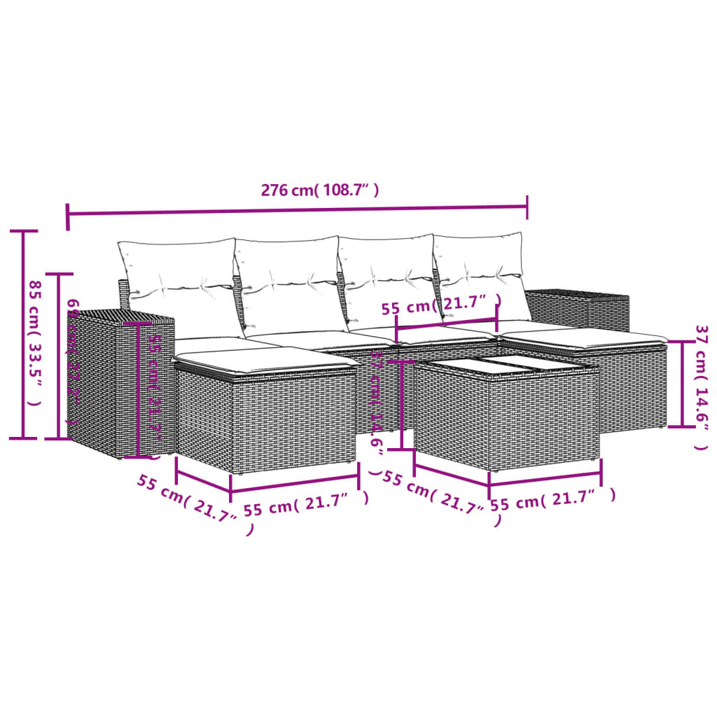 7-delige Loungeset met kussens poly rattan bruin