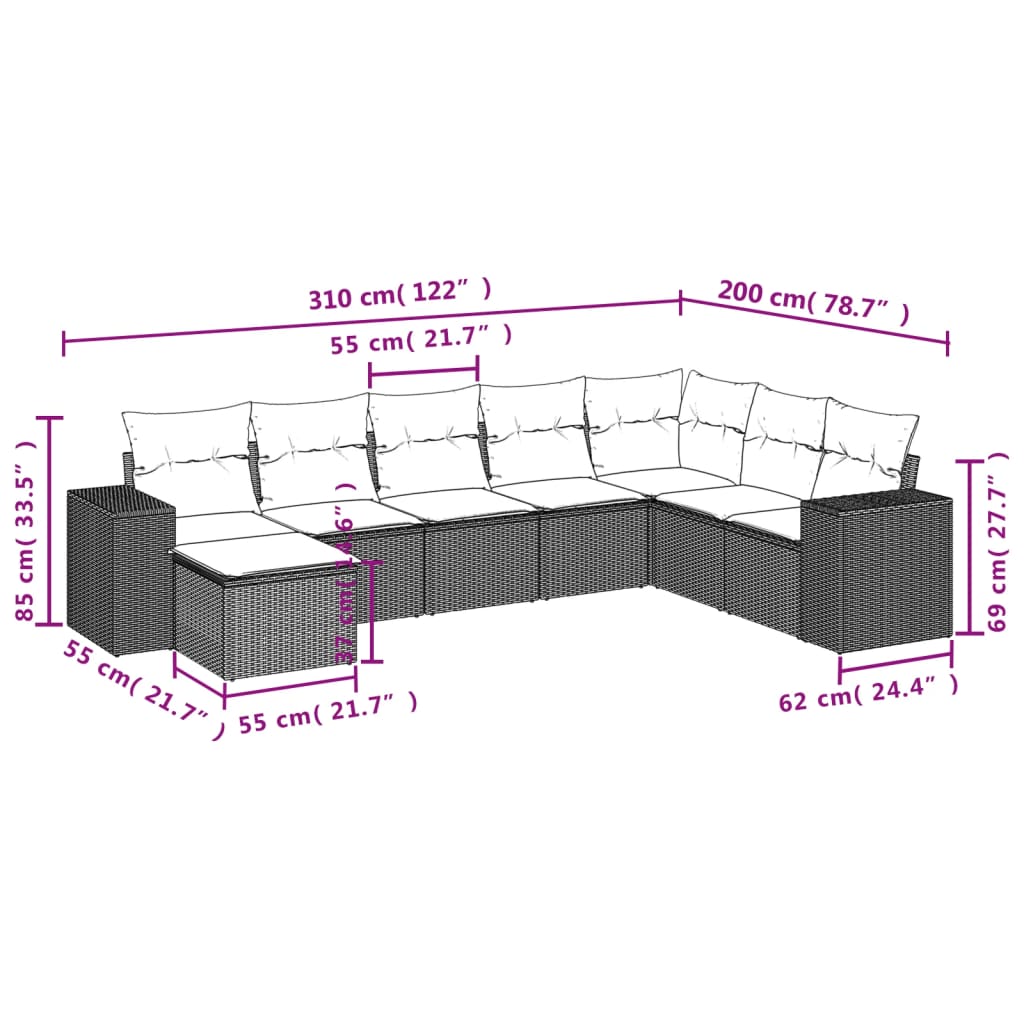 8-delige Loungeset met kussens poly rattan zwart