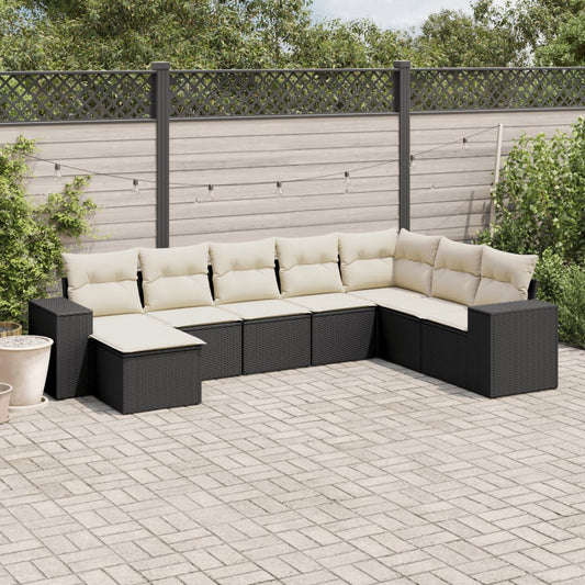 8-delige Loungeset met kussens poly rattan zwart