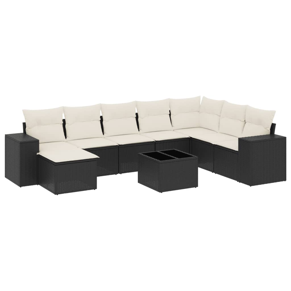 9-delige Loungeset met kussens poly rattan zwart