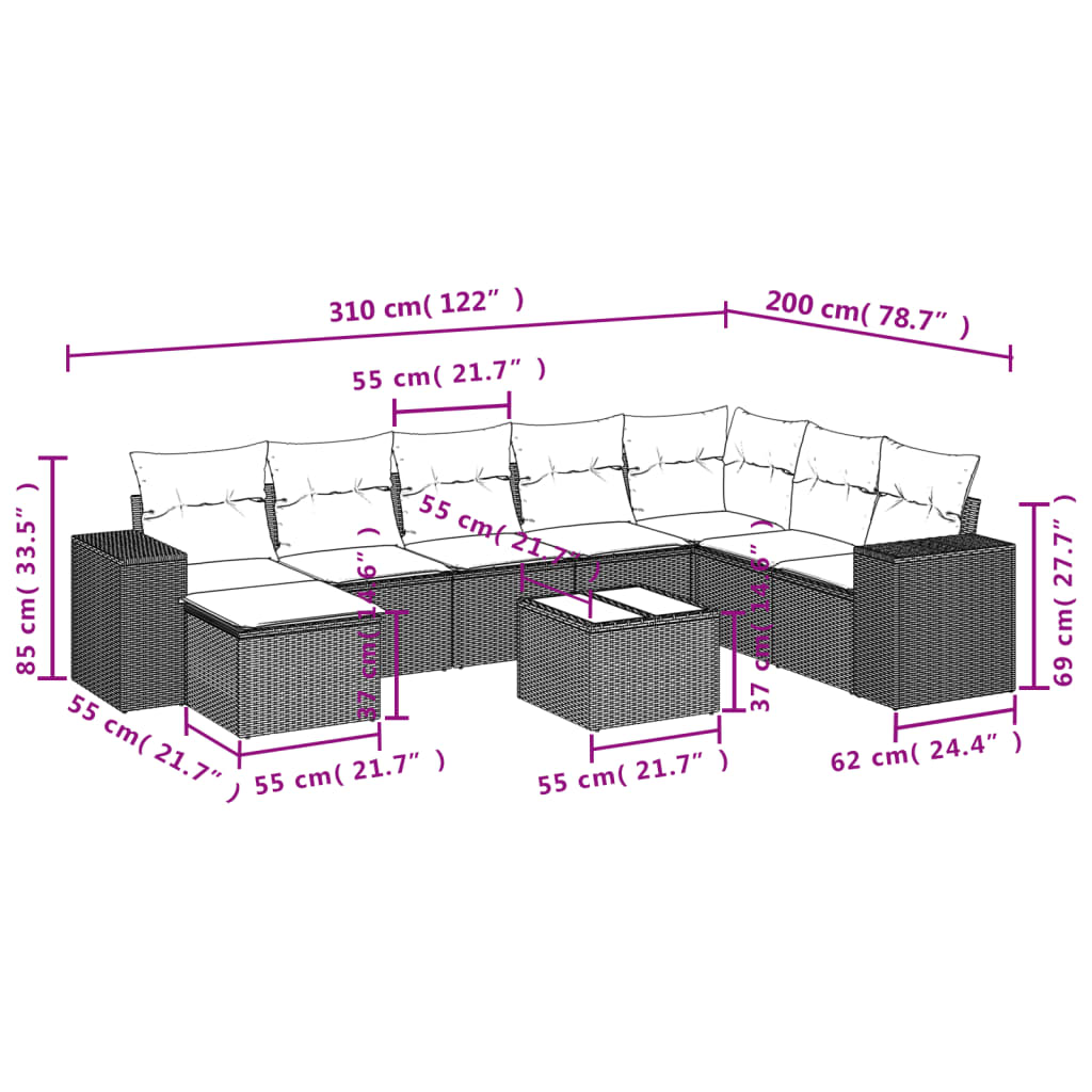 9-delige Loungeset met kussens poly rattan zwart