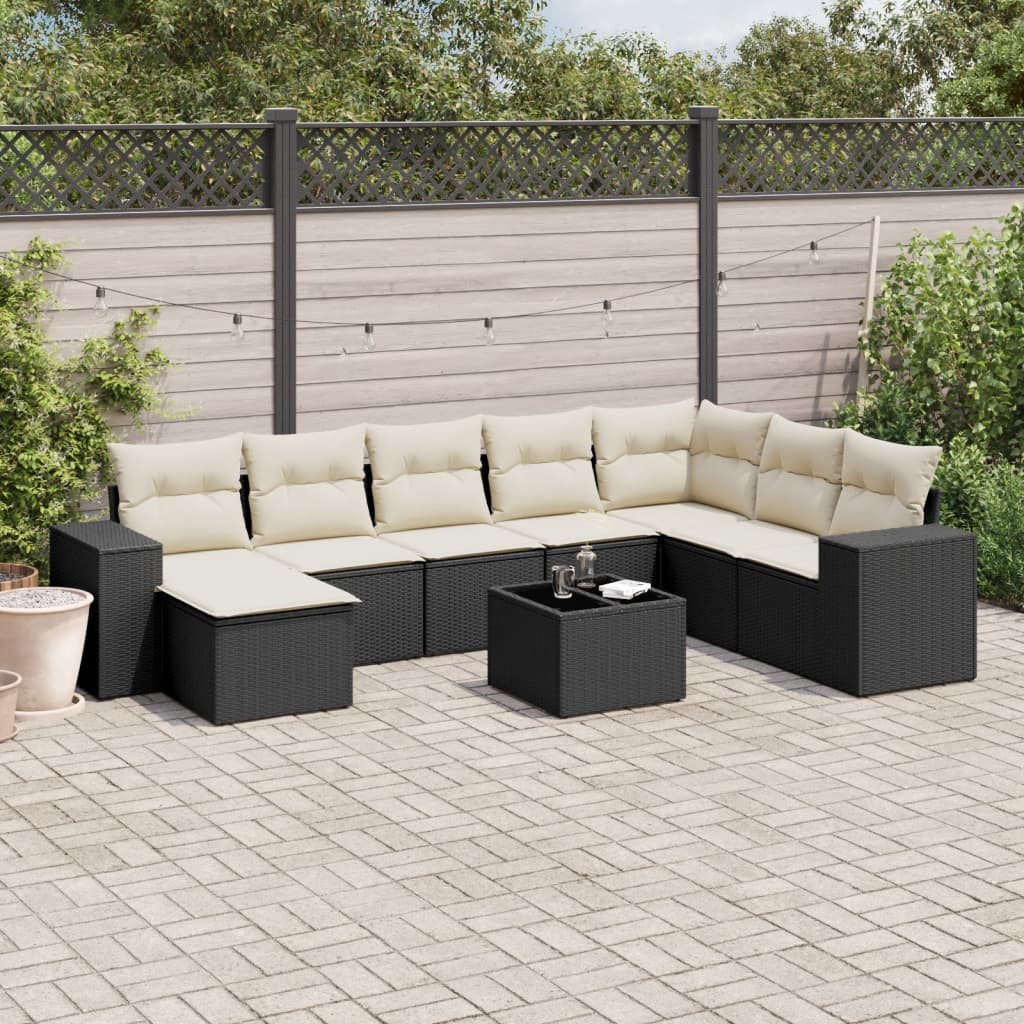 9-delige Loungeset met kussens poly rattan zwart