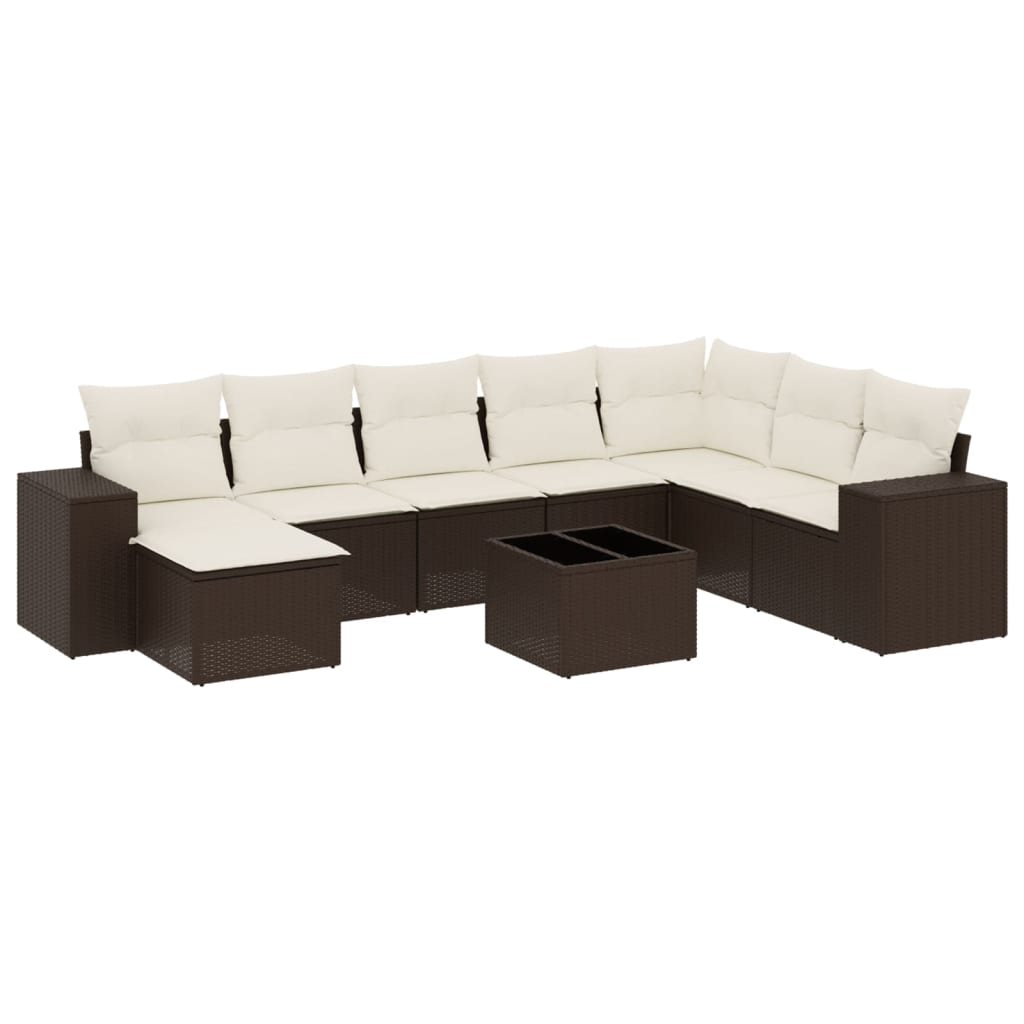 9-delige Loungeset met kussens poly rattan bruin