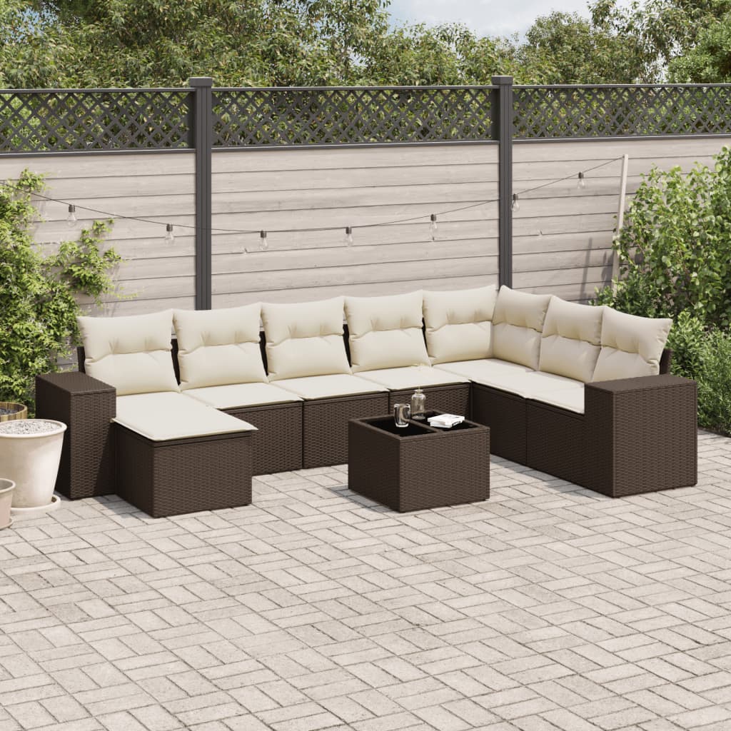 9-delige Loungeset met kussens poly rattan bruin