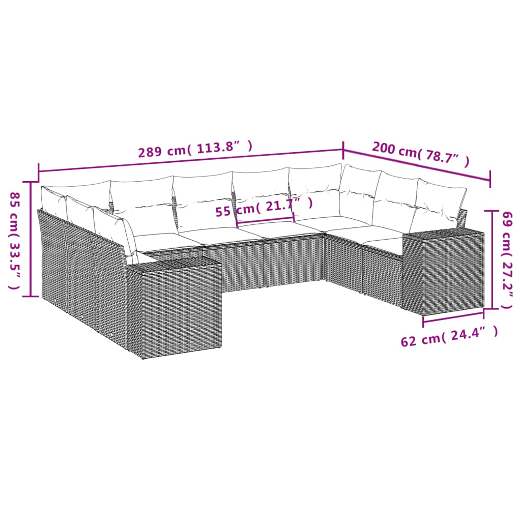 9-delige Loungeset met kussens poly rattan bruin