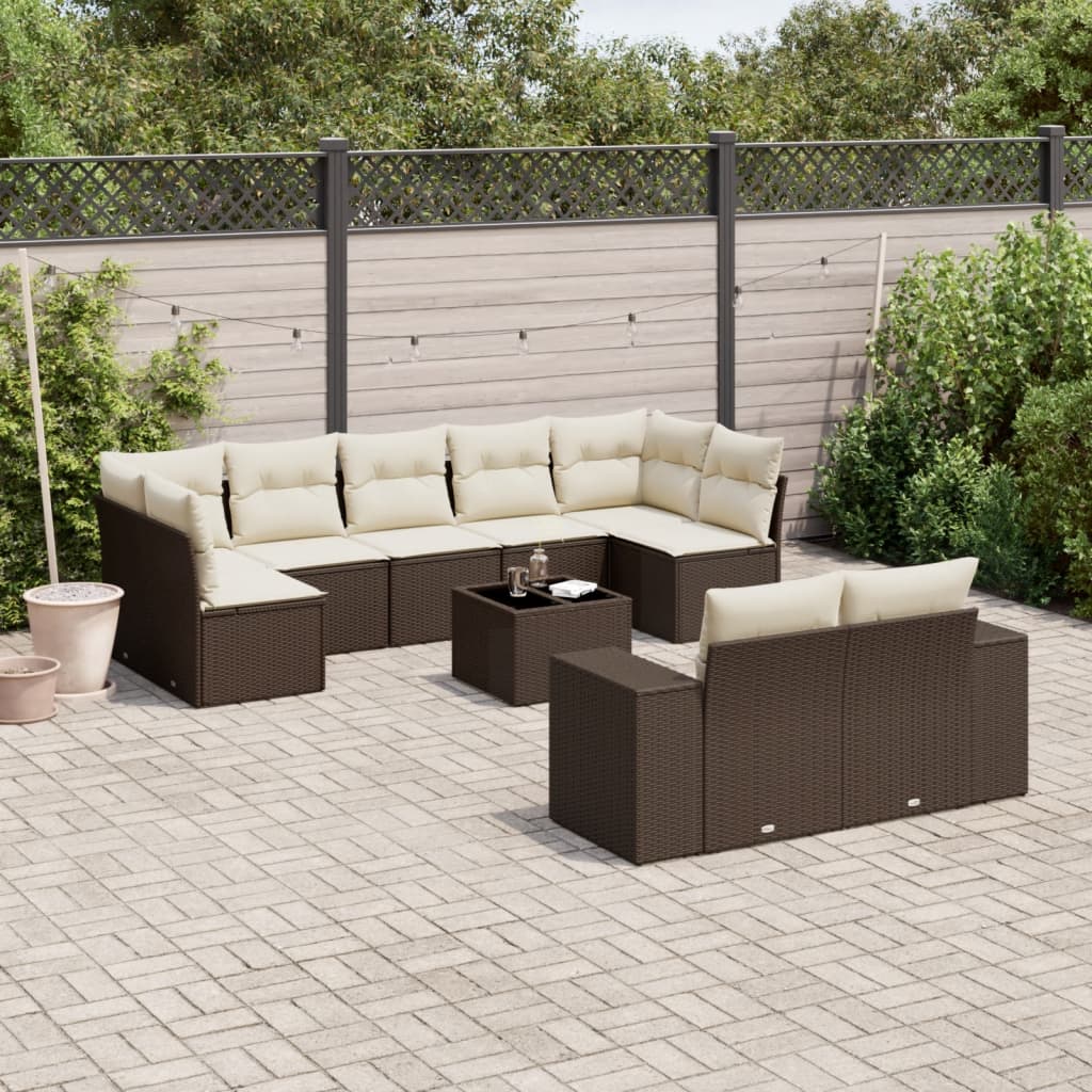 10-delige Loungeset met kussens poly rattan bruin