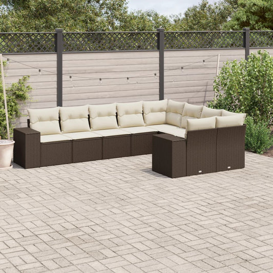 9-delige Loungeset met kussens poly rattan bruin