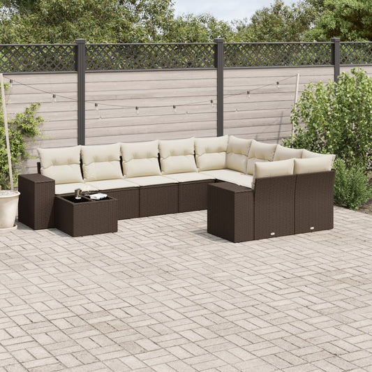 10-delige Loungeset met kussens poly rattan bruin