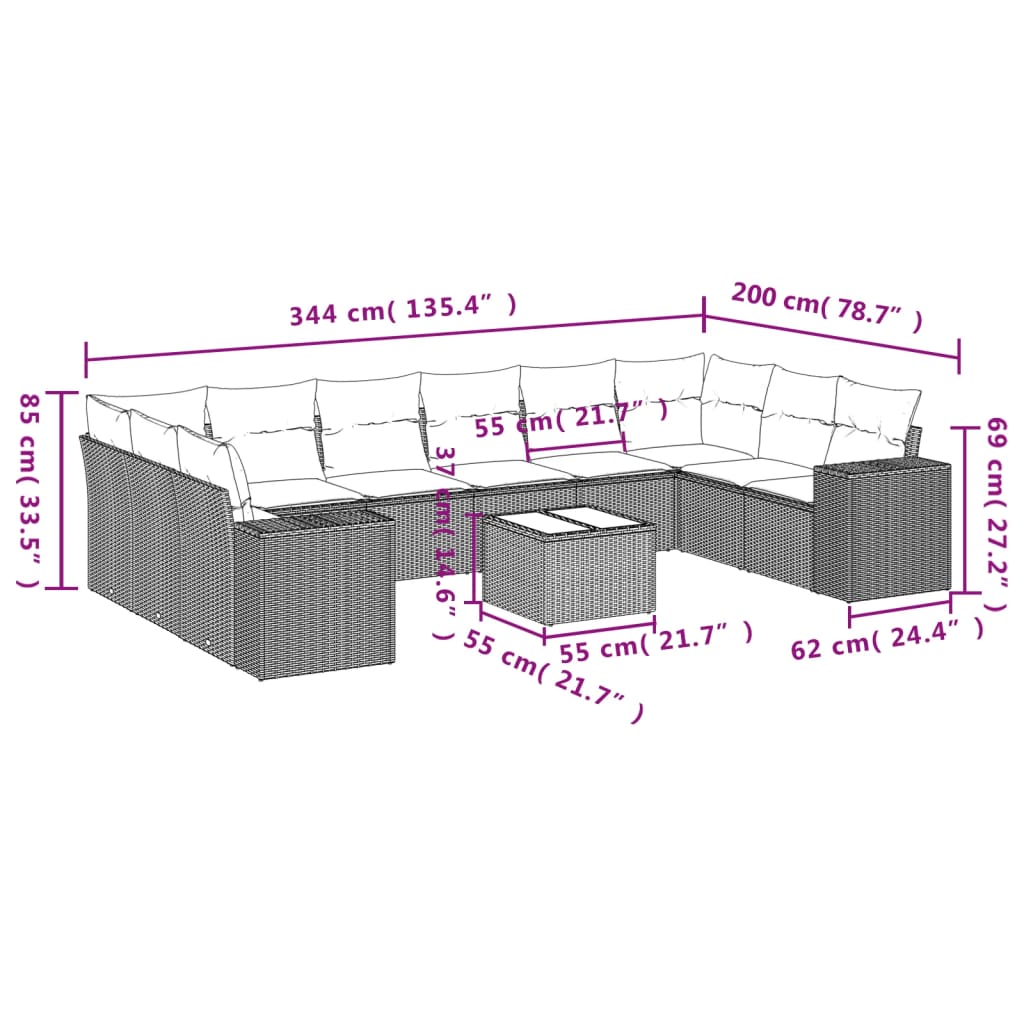 11-delige Loungeset met kussens poly rattan bruin