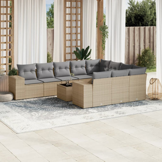 11-delige Tuinset met kussens poly rattan beige