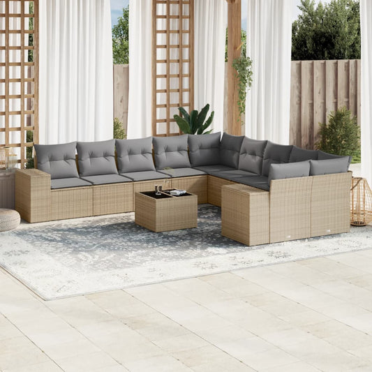 11-delige Tuinset met kussens poly rattan beige