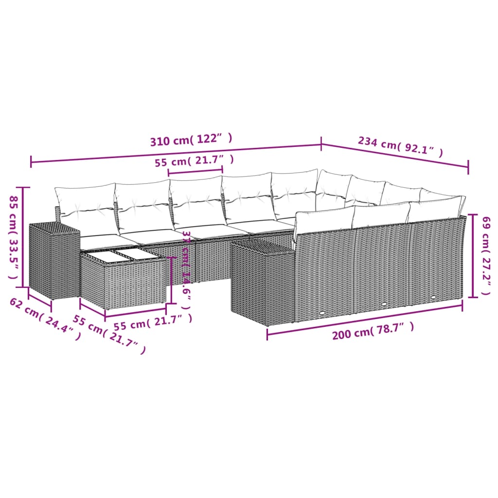 11-delige Loungeset met kussens poly rattan bruin