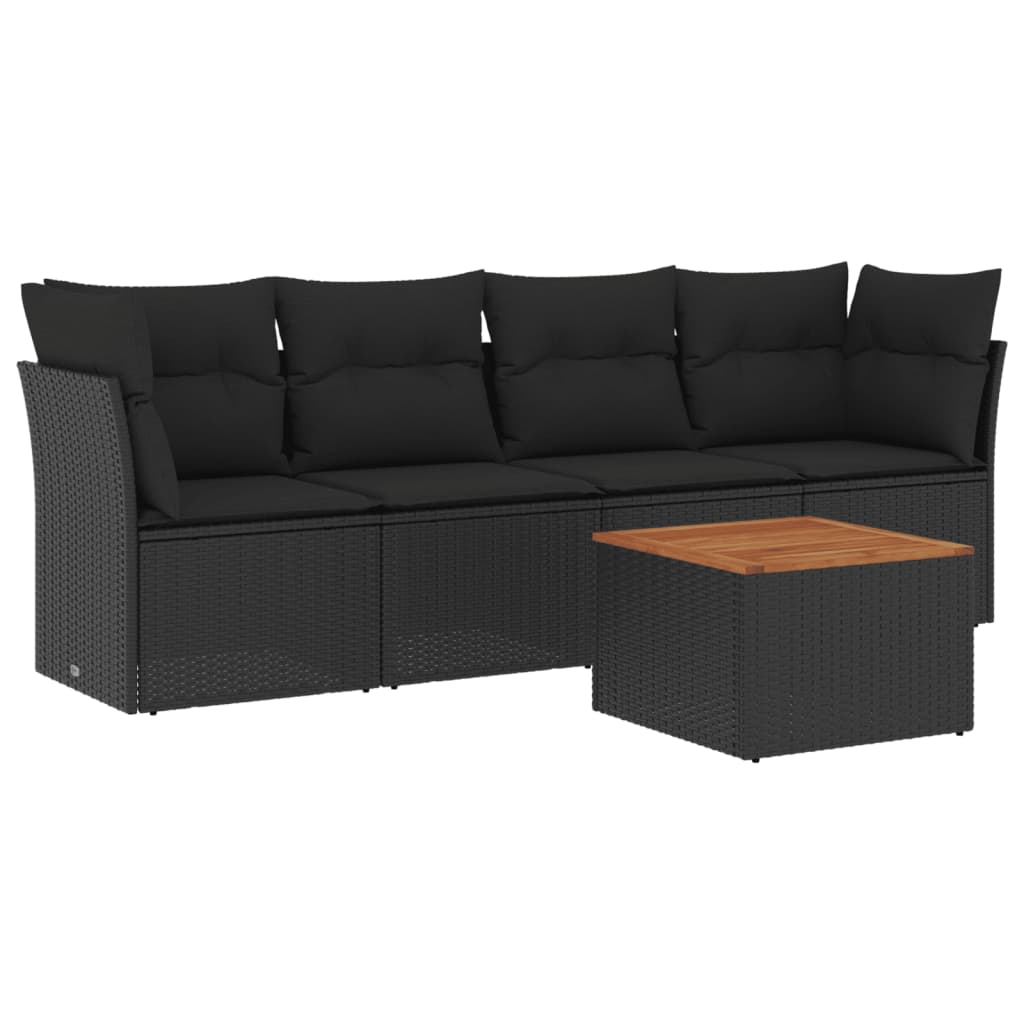 5-delige Loungeset met kussens poly rattan zwart