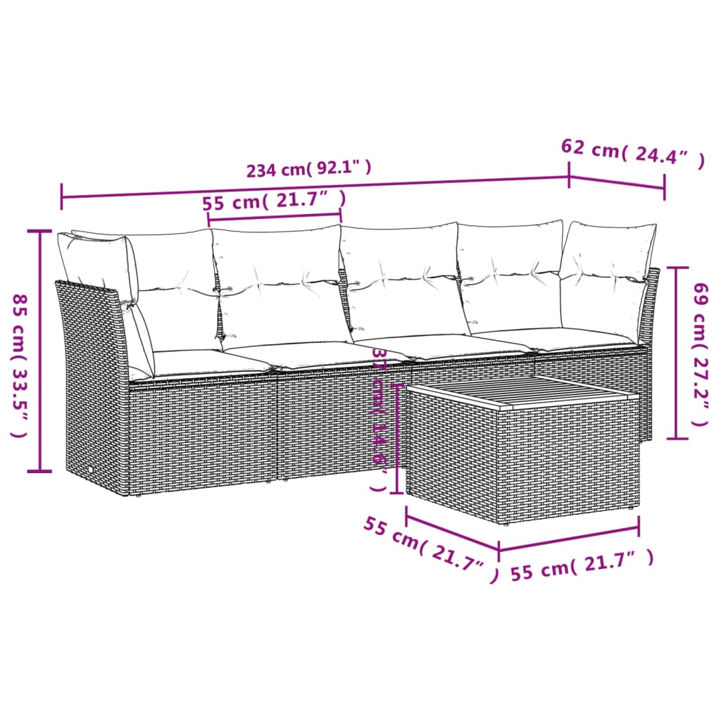 5-delige Loungeset met kussens poly rattan zwart