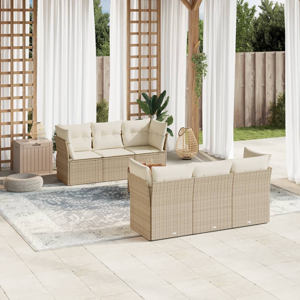 7-delige Loungeset met kussens poly rattan beige