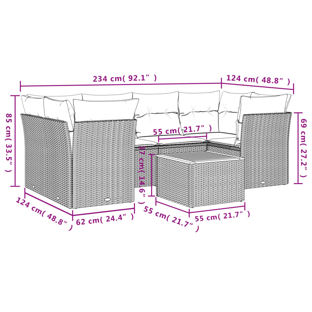 7-delige Loungeset met kussens poly rattan gemengd beige