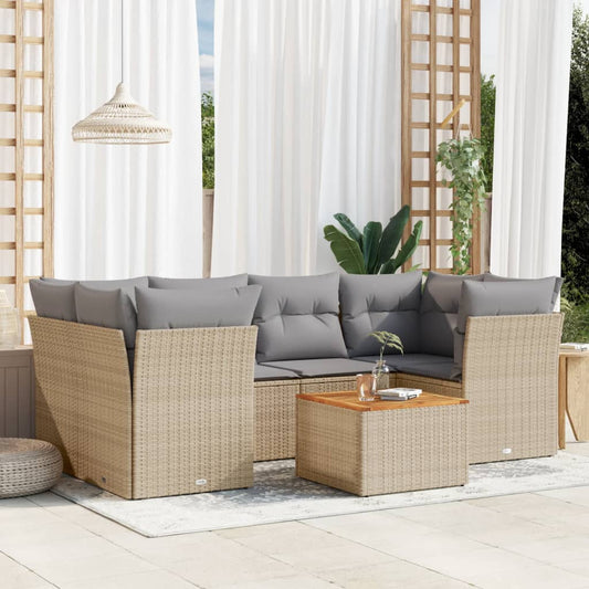 7-delige Loungeset met kussens poly rattan gemengd beige