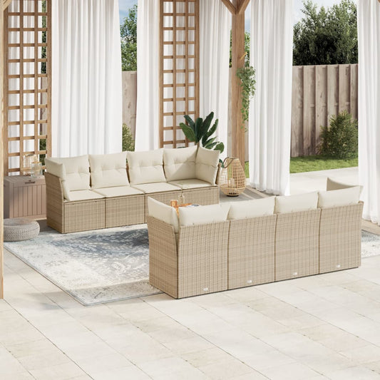 9-delige Loungeset met kussens poly rattan beige