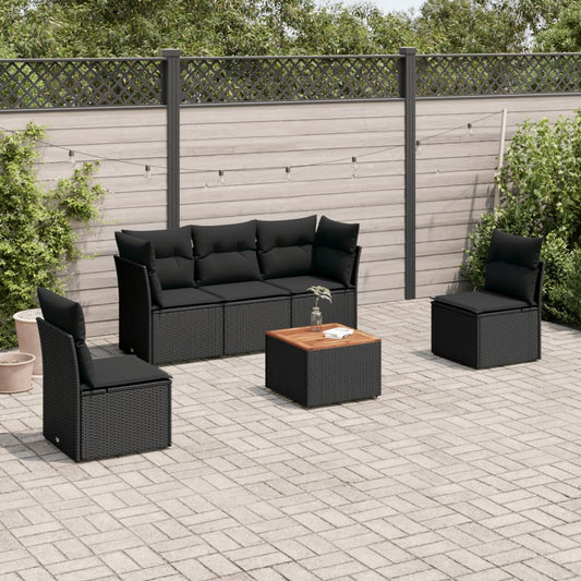 6-delige Loungeset met kussens poly rattan zwart