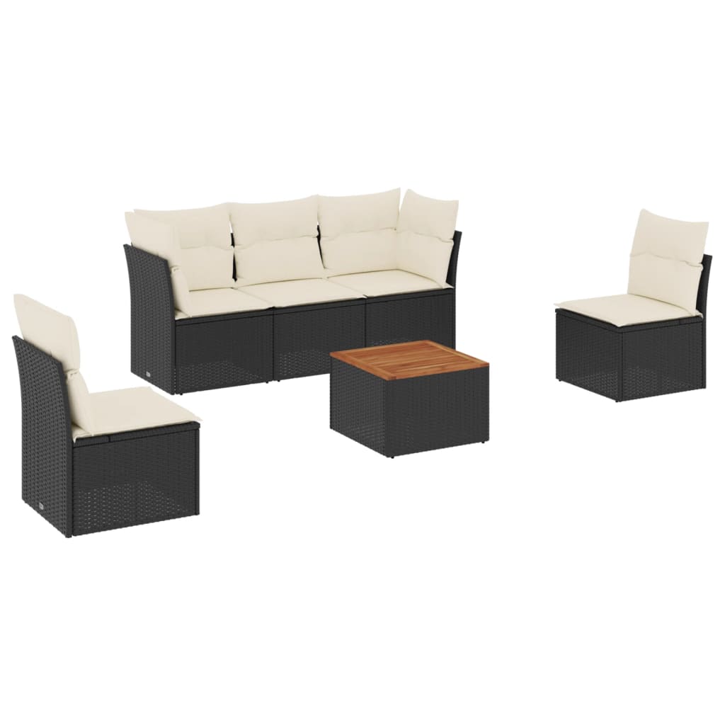 6-delige Loungeset met kussens poly rattan zwart