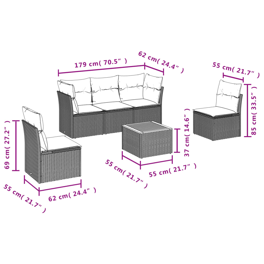 6-delige Loungeset met kussens poly rattan zwart