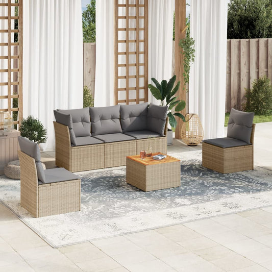 6-delige Loungeset met kussens poly rattan gemengd beige