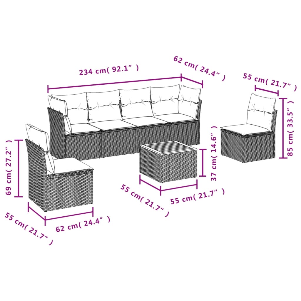 7-delige Loungeset met kussens poly rattan beige